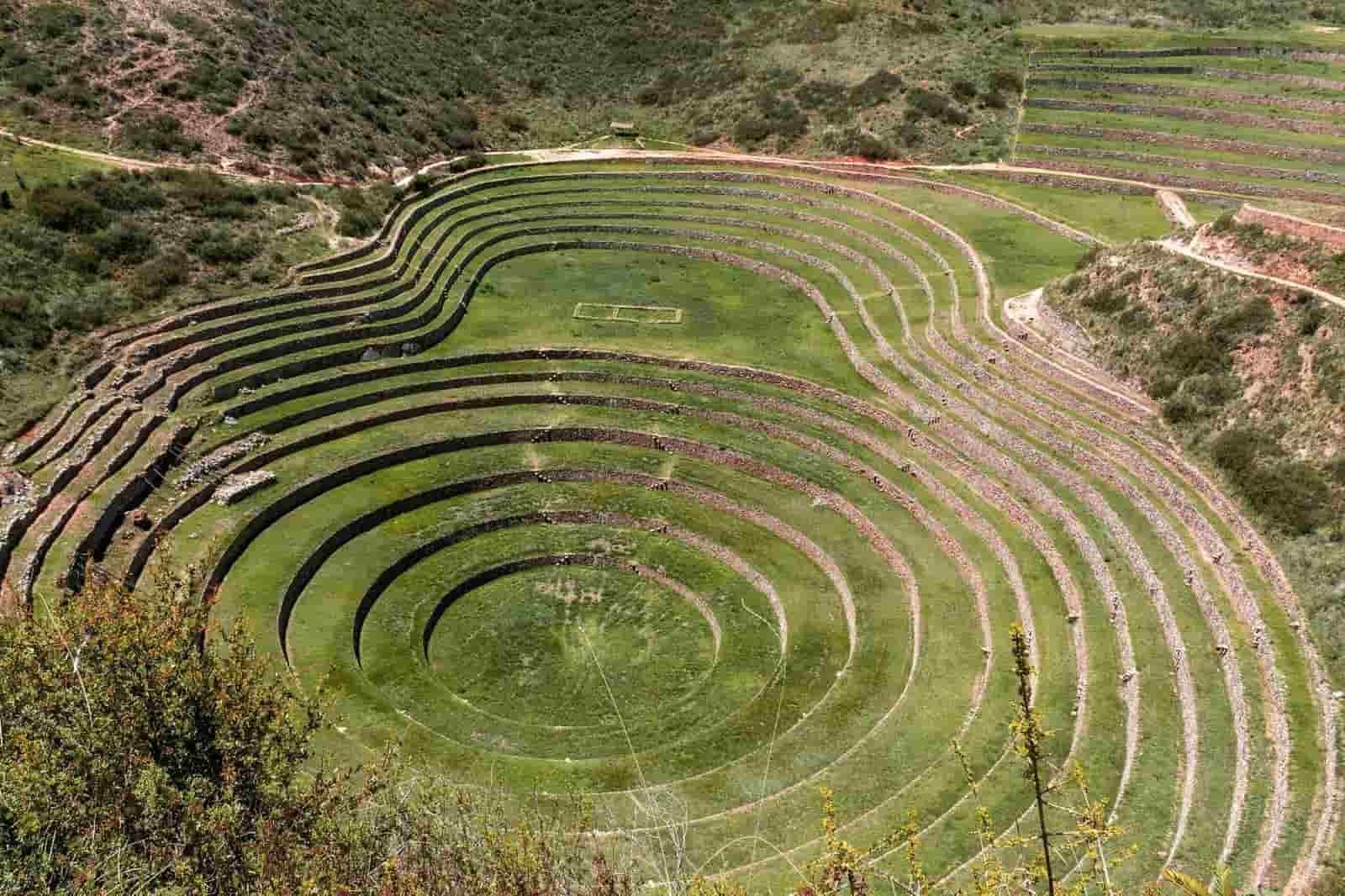 Impressive circular terraces of Moray, an ancient Inca agricultural site near the renowned salt terraces of Maras in the Sacred Valley.